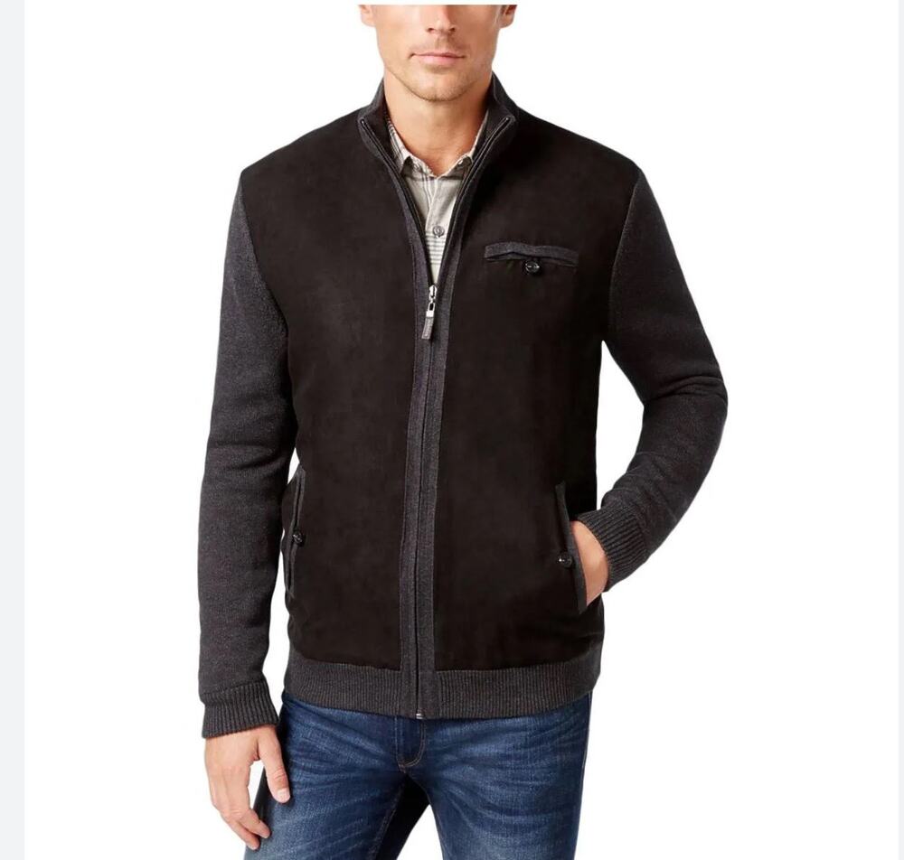 Tasso Elba Mens Faux Suede Knit Sweater/ Bomber Jacket Sz.Small Black NWT